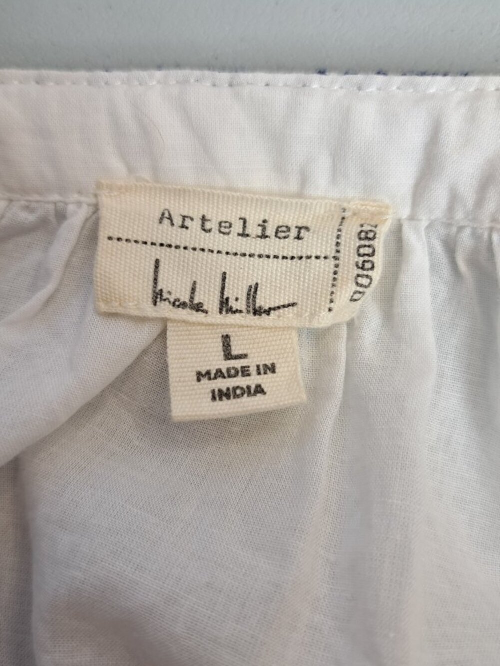Nicole Miller Peasant Blouse L Top Boho Festival Cottagecore Coastal White Blue - Picture 5 of 8